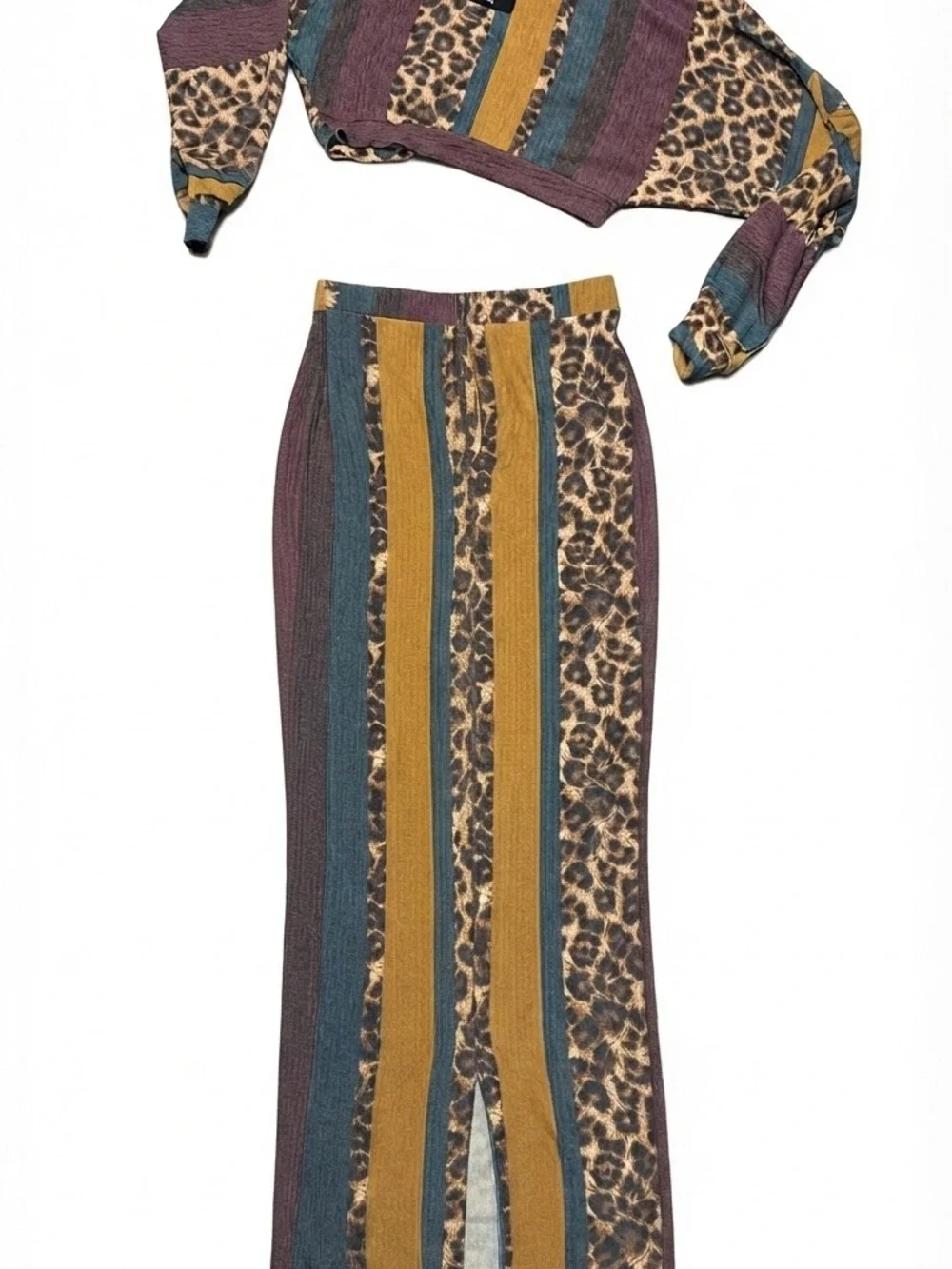 Two-Piece Knit Leopard Stripe Skirt Set in Mauve, Mustard & Teal